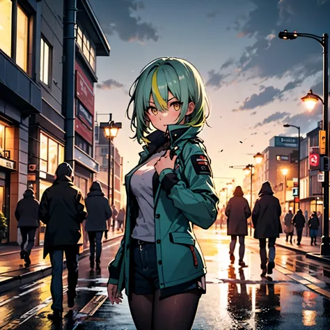 18 year old girl, short hair, greenish blue hair, yellow eyes, black black jacket, jeans shorts, on the streets of london, cloud...