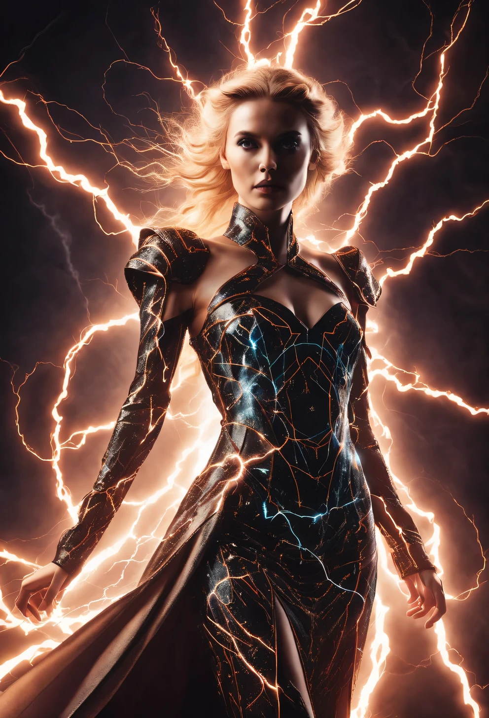 in a fictional fantasy world against the backdrop of a fantastic dark landscape, Romanesque style women&#39;s dress design made entirely from electrical network, dress made of the finest electrical discharges and lightning, electrical discharges and lightning intertwined in a luxurious women&#39;s dress, electrical clothing design, lightning and discharges on a dark background, high detail, a high resolution, high contrast, electricity on a dark background, photorealistic, a high resolution