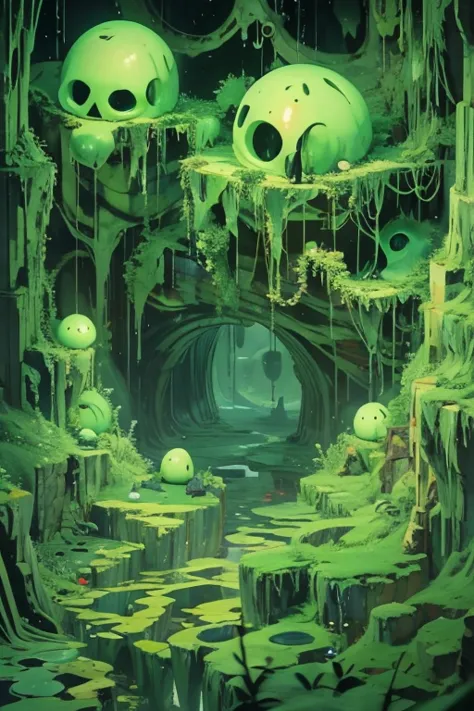 cave、ancient ruins、dim、Slime、slimy magical creature、bones floating in liquid、ほのかに光っているSlime、spooky、horror
