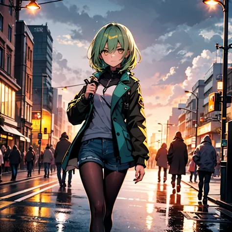 18 year old girl, short hair, greenish blue hair, yellow eyes, black black jacket, jeans shorts, on the streets of london, cloud...