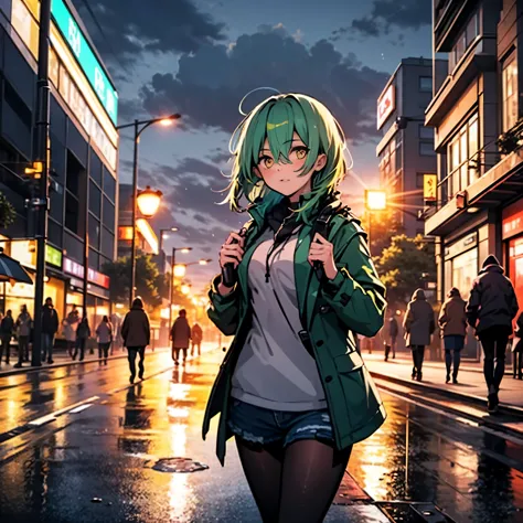 18 year old girl, short hair, greenish blue hair, yellow eyes, black black jacket, jeans shorts, on the streets of london, cloud...