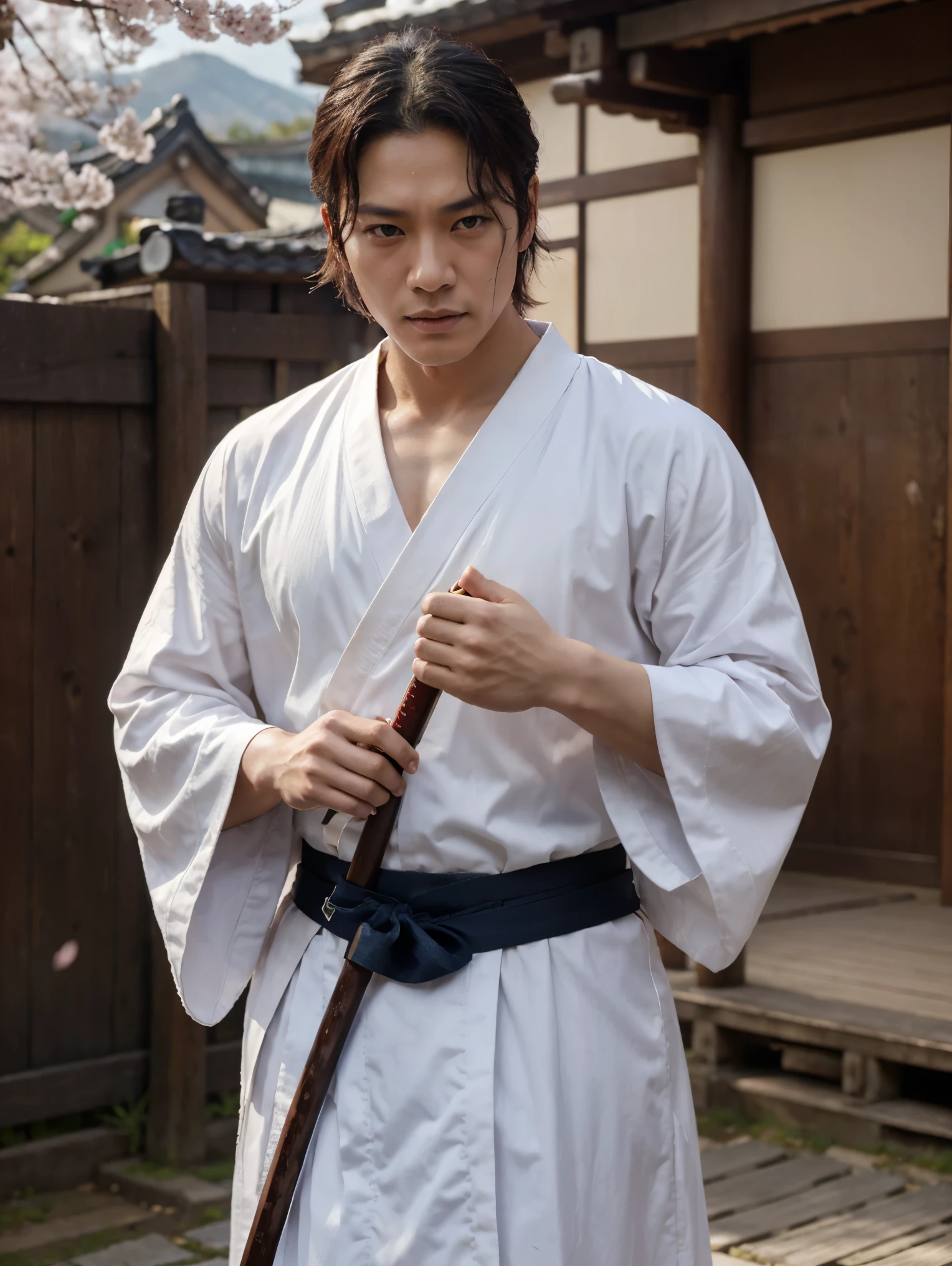 realistic photo of korean actor rain whose look like angry and brave, in a samurai pose. The character is holding a katana with both hands, ready for action. They are wearing traditional Japanese clothing, including a blue robe and white undergarments. The background depicts pink cherry blossoms and mountains, giving it an outdoor setting feel.