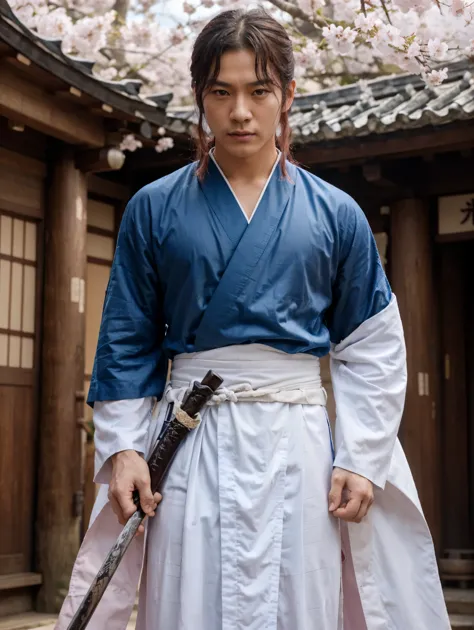 realistic photo of korean actor rain whose look like angry and brave, in a samurai pose. The character is holding a katana with ...