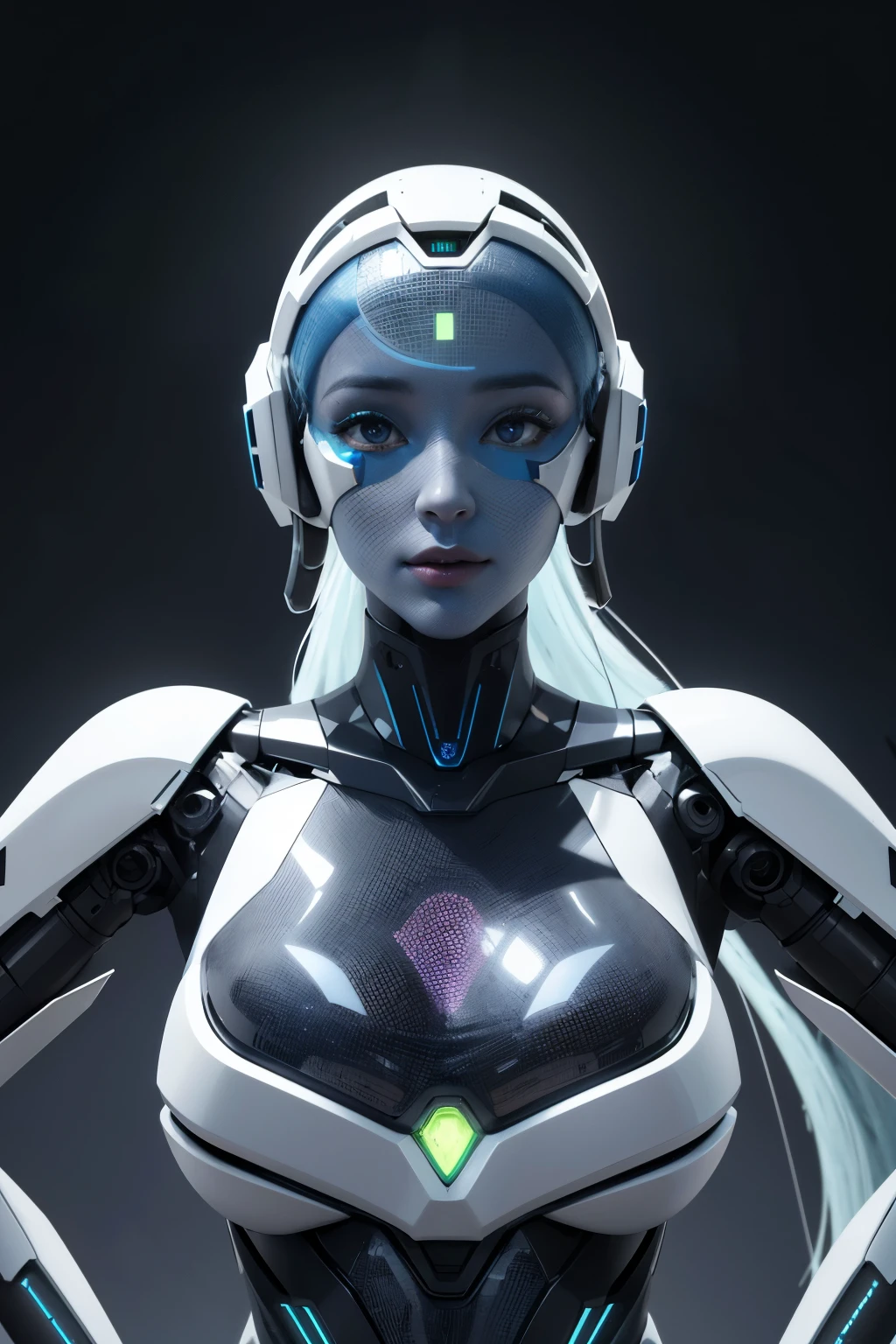 highly sofisticated robot from far future, not ordinary, made out of mirriad of futuristic parts, both holographic and physical, hyperealistic, 8k, photo realistic