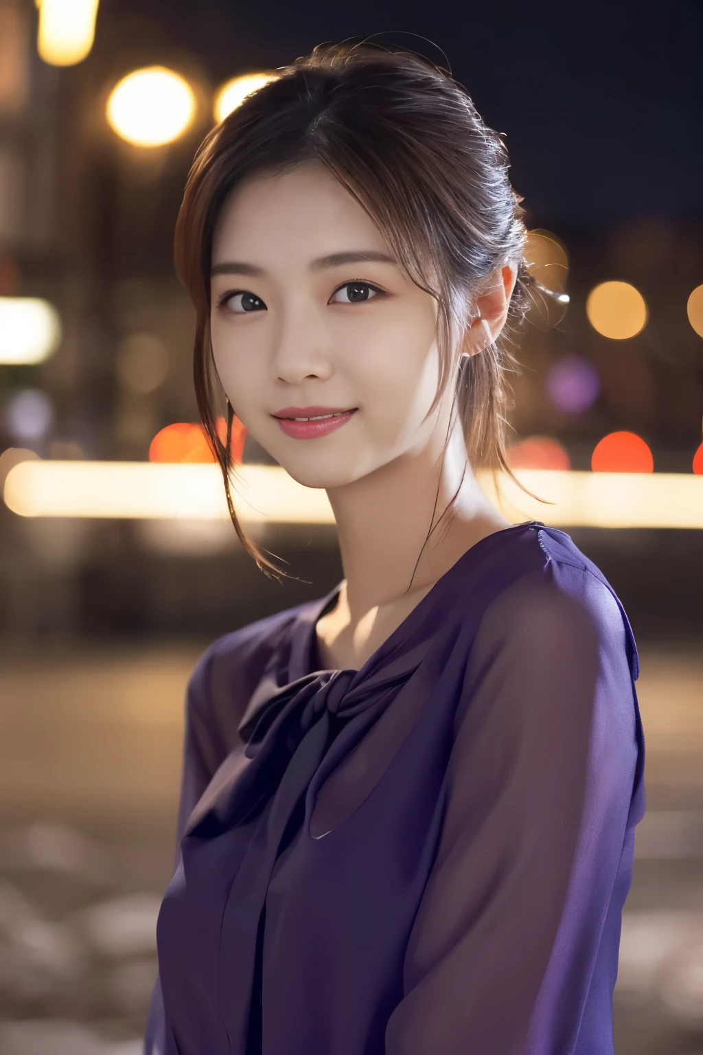 1 girl, (wearing a violet blouse:1.2), beautiful japanese actress,
(RAW photo, highest quality), (realistic, Photoreal:1.4), masterpiece, 
very delicate and beautiful, very detailed, 2k wallpaper, wonderful, 
finely, very detailed CG Unity 8K 壁紙, Super detailed, High resolution, 
soft light, beautiful detailed girl, very detailed目と顔, beautifully detailed nose, beautiful and detailed eyes, cinematic lighting, 
break
(Against the backdrop of a snowy night cityscape 1.3), city lights, 
perfect anatomy, slender body, smile, Face the front completely, look at the camera