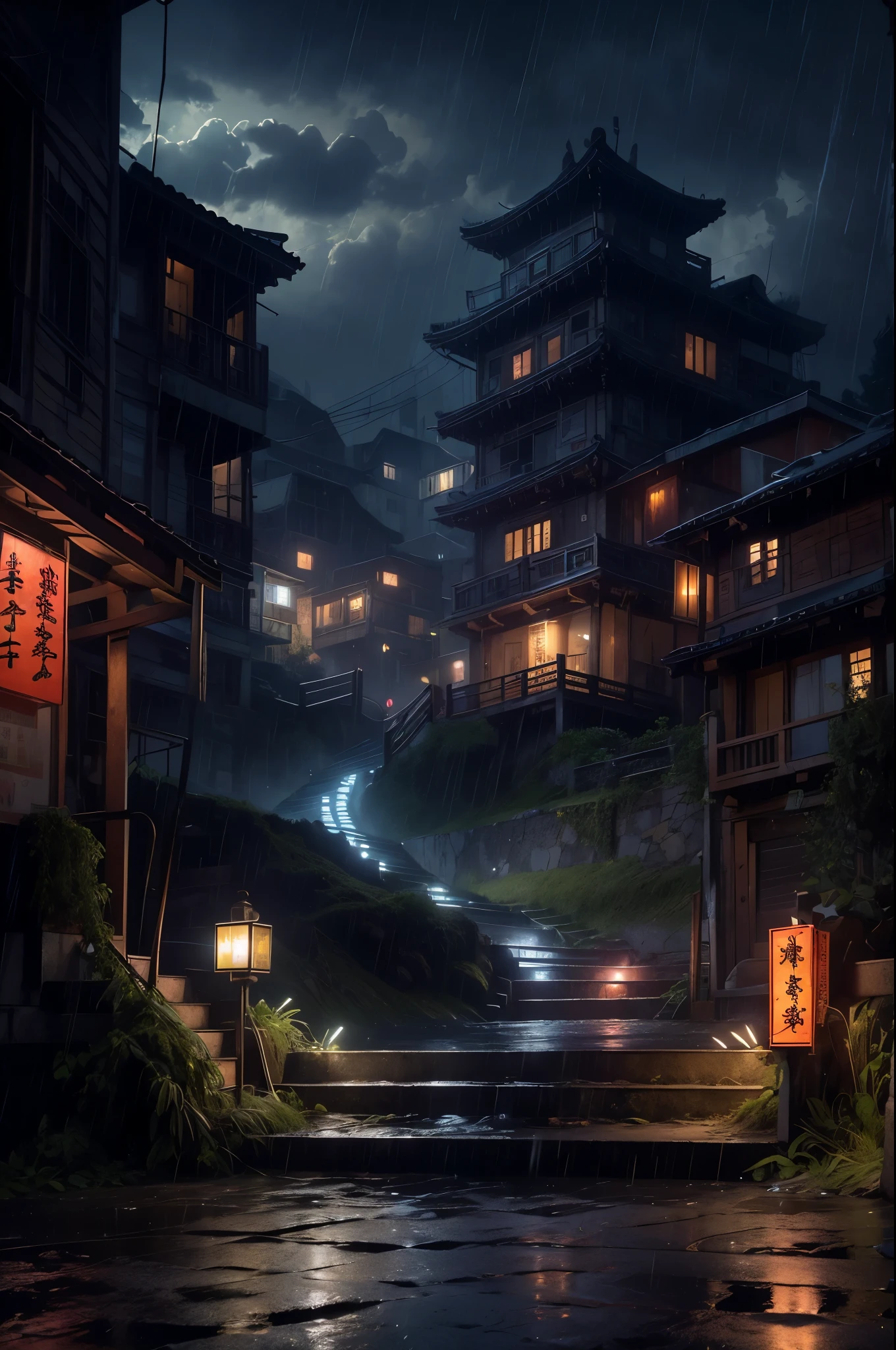 Feder village view，a lot of lights on the buildings，Dream China Town，china village，stunning wallpapers，japanese village，surreal photo of a small town，old asian village，(The sky in the distance is covered with dark clouds)，japanese city，Raymond Han，rainy night, Cyberpunk Chinese Ancient Castle, well-lit building, Late afternoon，in the rain, Beautiful and beautiful, photography, light, 8k, high detail ((downpour，full of lights，stairs)))