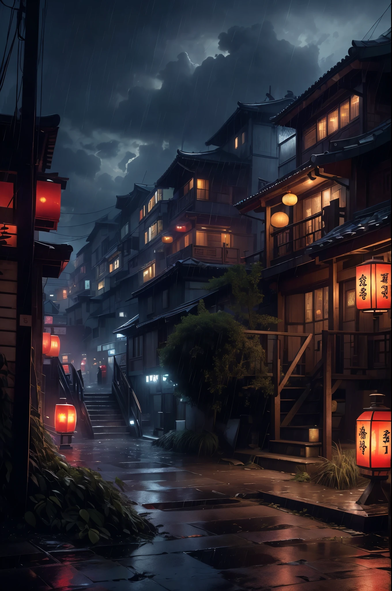 Feder village view，a lot of lights on the buildings，Dream China Town，china village，stunning wallpapers，japanese village，surreal photo of a small town，old asian village，(The sky in the distance is covered with dark clouds，Red lanterns under the eaves)，japanese city，Raymond Han，rainy night, Cyberpunk Chinese Ancient Castle, well-lit building, Late afternoon，in the rain, Beautiful and beautiful, photography, light, 8k, high detail ((downpour，full of lights，stairs)))