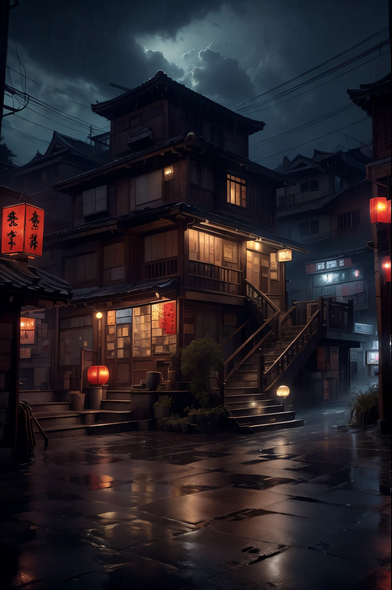 Feder village view，a lot of lights on the buildings，Dream China Town，china village，stunning wallpapers，japanese village，surreal photo of a small town，old asian village，(many old shops)，(The sky in the distance is covered with dark clouds，Red lanterns under the eaves)，japanese city，Raymond Han，rainy night, Cyberpunk Chinese Ancient Castle, well-lit building, Late afternoon，in the rain, Beautiful and beautiful, photography, light, 8k, high detail ((downpour，full of lights，stairs)))