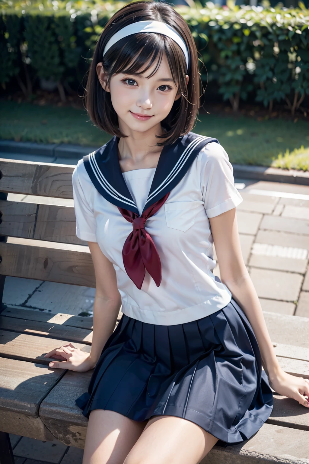 アニメのdeep blue sailor uniformをリアル3Dに変換, 8K, highest quality, masterpiece, Super detailed, ultra high resolution, realistic, RAW photo, absolute resolution, black hair, deep blue sailor uniform, High school girl in sailor suit, deep blue skirt, Real 3D rendering, Realistic Girl , ((white headband)), small breasts, expensive, slanted eyes, black stockings, during the day, open your mouth, smile, straight hair, bob cut, Detailed view of the face, small face compared to body,  facial features ,sit on a park bench,