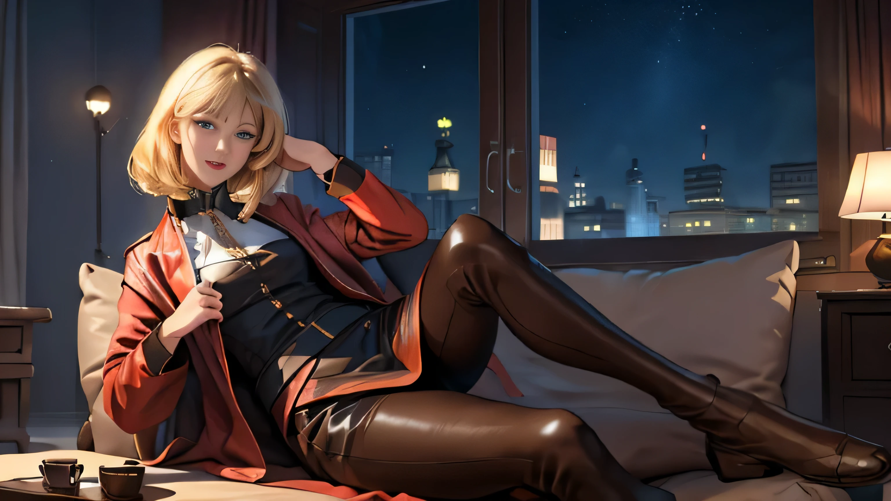 （full-body shot），Sitting on the sofa，Lift your feet，Focus on thighs and feet、一个Smile、sit on the chair、legs crossed、knees up,（Brown long high heel riding boots）Black，short skirt， blonde short hair ,blue eyes,lipstick, long hair, 1 girl, 20 years,young women,beautiful Finger,beautiful long legs,beautiful body,beautiful Nose,beautiful character design, perfect eyes, perfect face,expressive eyes, looking at the audience, in the center of the image,(Light_Smile:0.5), official art,Extremely detailed CG unified 8k wallpaper, perfect Lighting,rich and colorful,灯Light,有Light泽的皮肤, (masterpiece:1.0),(the best_quality:1.0), 超high resolution,4K,super detailed, photography, 8k, human development report, high resolution, ridiculous:1.2,, film grain, blurred background, Bokeh:1.2, 镜头Light晕, (Full of energy_color:1.2) (beautiful,Big deal_:1.0),(narrow_waist)Full body sitting, wear, elite, velvet, deep Purple, small tie. he himself, boss, momentum, Full HD, ......International Organization for Standardization, Law office with modern design furniture, 包括Black和灰色皮革软垫红色扶手椅, Tempe red glass coffee table，Chrome base, 实木会议桌搭配Black皮椅, There is Lomo a built-in bookcase，Inside there are law books bound in brown leather. ?" 其 11 叶片圆形Light圈和 XA 镜头元件一起提供了漂亮的Bokeh效果. Lomo, 镜头配备Light圈环，You can switch between no-click and no-click actions, a dust and moisture resistant design, and four XD linear autofocus motors，Provides fast and accurate autofocus and tracking. 这款镜头为索尼photography师提供了出色的人像拍摄工具, night view, 和一般photography."