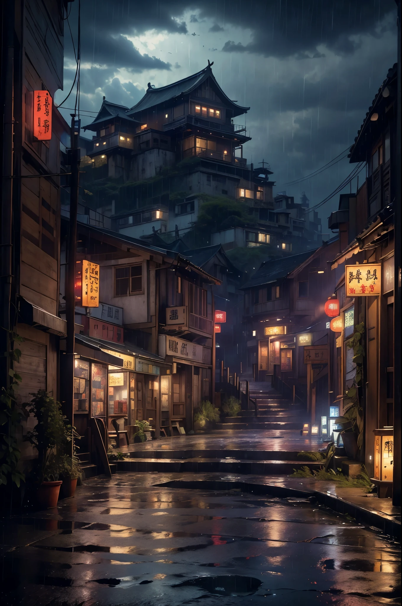 Feder village view，a lot of lights on the buildings，Dream China Town，china village，stunning wallpapers，japanese village，surreal photo of a small town，old asian village，(The sky in the distance is covered with dark clouds)，japanese city，Raymond Han，rainy night, Cyberpunk Chinese Ancient Castle, well-lit building, Late afternoon，in the rain, Beautiful and beautiful, photography, light, 8k, high detail ((downpour，full of lights，stairs)))