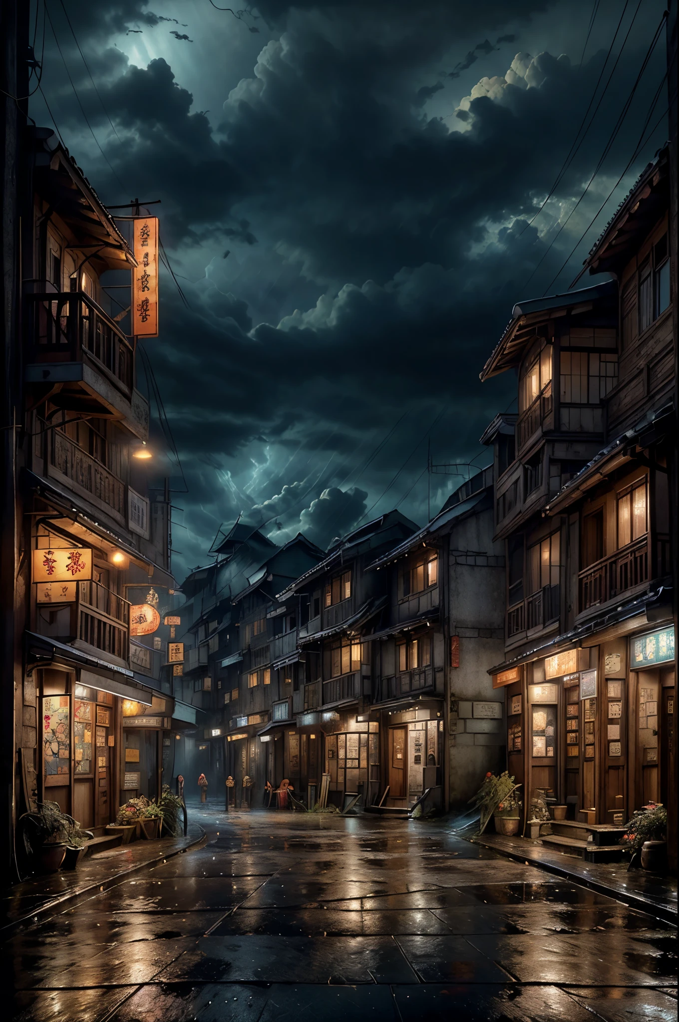 Feder village view，a lot of lights on the buildings，Dream China Town，china village，stunning wallpapers，japanese village，surreal photo of a small town，old asian village，(The sky in the distance is covered with dark clouds)，japanese city，Raymond Han，rainy night, Cyberpunk Chinese Ancient Castle, well-lit building, Late afternoon，in the rain, Beautiful and beautiful, photography, light, 8k, high detail ((downpour，windows brightly lit，stairs)))