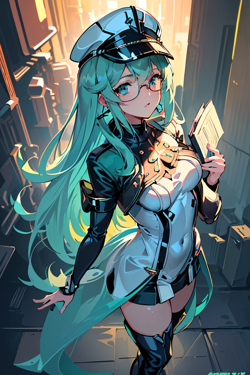 Anime, Girl, (((1girl))), (((Waifu, Xenoblade Chronicles 2, Pneuma Waifu))), (((Seafoam Green Hair, Long Hair))), ((Seafoam Green Eyes eyes:1.3, Upturned Eyes: 1, Perfect Eyes, Beautiful Detailed Eyes, Gradient eyes: 1, Finely Detailed Beautiful Eyes: 1, Symmetrical Eyes: 1, Big Highlight On Eyes: 1.2)), (((Lustrous Skin: 1.5, Bright Skin: 1.5, Skin Fair, Shiny Skin, Very Shiny Skin, Shiny Body, Plastic Glitter Skin, Exaggerated Shiny Skin, Illuminated Skin))), (Detailed Body, (Detailed Face)), Young, Idol Pose, (Best Quality), ((((Techwear))), (((Military Uniform))), (((Military Cap))), (((Military Coat))), (((Thigh-high Heeled Boots))), (((Reading Glasses))), (((Earrings)))) High Resolution, Sharp Focus, Ultra Detailed, Extremely Detailed, Extremely High Quality Artwork, (Realistic, Photorealistic: 1.37), 8k_Wallpaper, (Extremely Detailed CG 8k), (Very Fine 8K CG), ((Hyper Super Ultra Detailed Perfect Piece)), (((Flawlessmasterpiece))), Illustration, Vibrant Colors, (Intricate), High Contrast, Selective Lighting, Double Exposure, HDR (High Dynamic Range), Post-processing, Background Blur