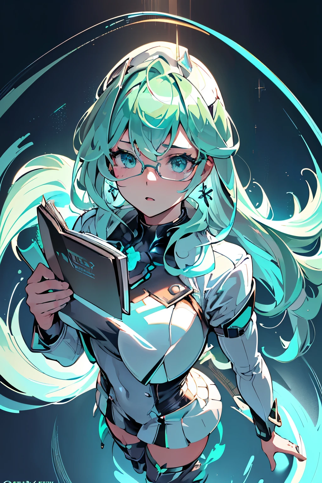 animé, fille, (((1fille))), (((waifu, Chroniques de Xenoblade 2, Pneuma waifu))), (((Cheveux Verts Écume De Mer, cheveux longs))), ((Yeux yeux verts écume de mer:1.3, les yeux levés: 1, yeux parfaits, Beaux yeux détaillés, yeux dégradés: 1, de beaux yeux finement détaillés: 1, yeux symétriques: 1, gros reflet sur les yeux: 1.2)), (((peau brillante: 1.5, peau claire: 1.5, peau claire, peau brillante, Very peau brillante, Corps brillant, peau pailletée en plastique, Exaggerated peau brillante, peau illuminée))), (corps détaillé, (Visage détaillé)), jeune, sac d&#39;idole, (Meilleure qualité), ((((Vêtements technologiques))), (((uniforme militaire))), (((Casquette militaire))), (((Manteau militaire))), (((Cuissardes à talons hauts))), (((lunettes pour lire))), (((des boucles d&#39;oreilles)))) haute résolution, netteté, ultra détaillé, extrêmement détaillé, oeuvre d&#39;art de très haute qualité, (Réaliste, Photoréaliste: 1.37), 8k_fond d&#39;écran, (extrêmement détaillé CG 8k), (très bon CG 8K), ((Hyper Super ultra détaillé Perfect Piece)), (((Un chef-d&#39;œuvre impeccable))), illustration, couleurs vives, (complexe), Contraste élevé, Éclairage sélectif, double exposition, HDR (Plage dynamique élevée), Post-traitement, Flou d&#39;arrière-plan