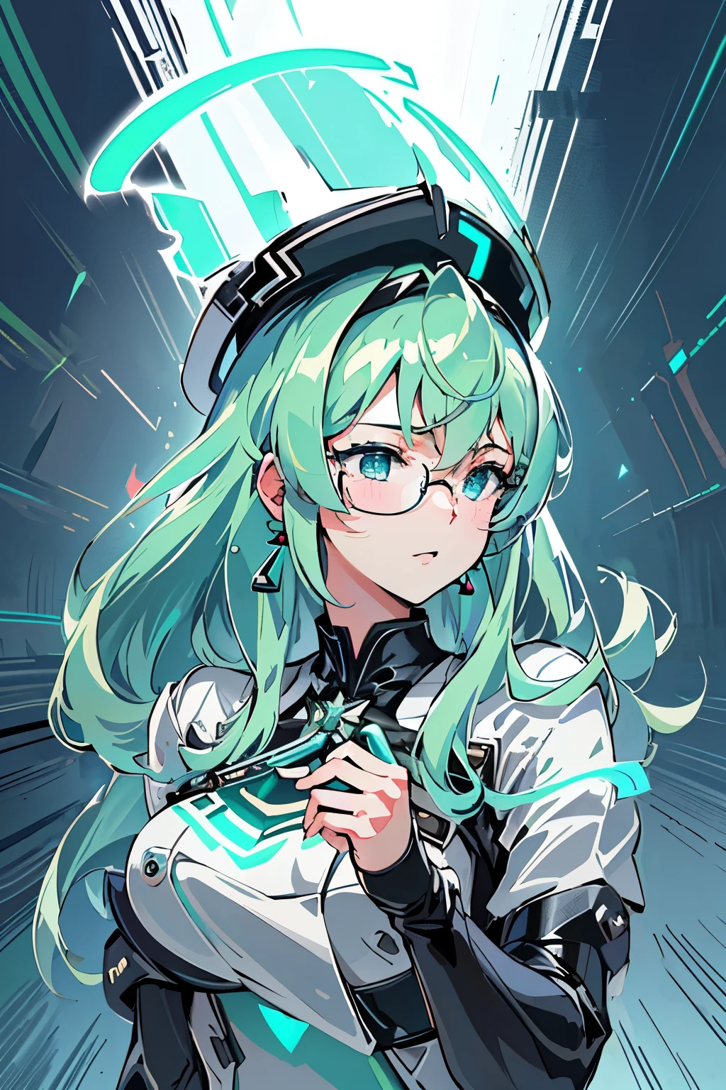 Anime, Girl, (((1girl))), (((Waifu, Xenoblade Chronicles 2, Pneuma Waifu))), (((Seafoam Green Hair, Long Hair))), ((Seafoam Green Eyes eyes:1.3, Upturned Eyes: 1, Perfect Eyes, Beautiful Detailed Eyes, Gradient eyes: 1, Finely Detailed Beautiful Eyes: 1, Symmetrical Eyes: 1, Big Highlight On Eyes: 1.2)), (((Lustrous Skin: 1.5, Bright Skin: 1.5, Skin Fair, Shiny Skin, Very Shiny Skin, Shiny Body, Plastic Glitter Skin, Exaggerated Shiny Skin, Illuminated Skin))), (Detailed Body, (Detailed Face)), Young, Idol Pose, (Best Quality), ((((Techwear))), (((Military Uniform))), (((Military Cap))), (((Military Coat))), (((Thigh-high Heeled Boots))), (((Reading Glasses))), (((Earrings)))) High Resolution, Sharp Focus, Ultra Detailed, Extremely Detailed, Extremely High Quality Artwork, (Realistic, Photorealistic: 1.37), 8k_Wallpaper, (Extremely Detailed CG 8k), (Very Fine 8K CG), ((Hyper Super Ultra Detailed Perfect Piece)), (((Flawlessmasterpiece))), Illustration, Vibrant Colors, (Intricate), High Contrast, Selective Lighting, Double Exposure, HDR (High Dynamic Range), Post-processing, Background Blur