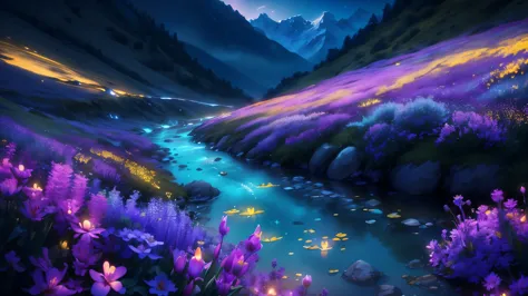 Generate a sketch art of the Valley of Flowers in the Himalayas during the spring bloom. Use a hovering camera angle to capture the sea of vibrant flowers. Showcase intricate details of diverse flora and include a magical touch by incorporating glowing fir...