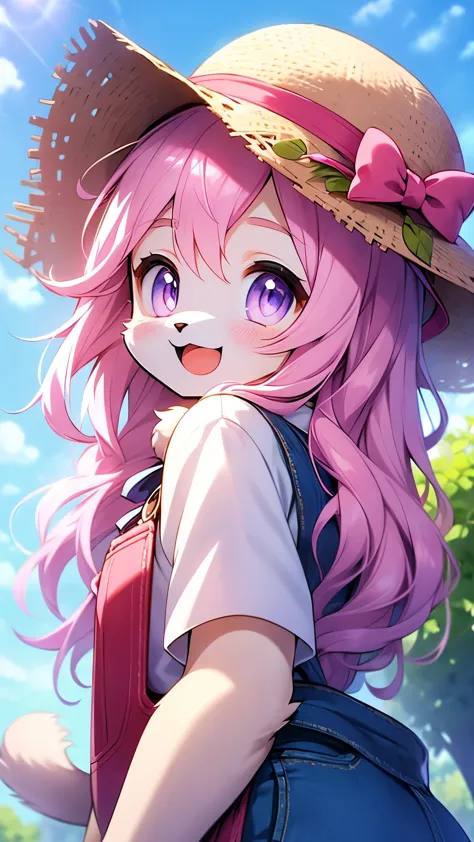 cat furry girl,neck fur,pink long hair,pink fur,straw hat,denim overalls,blush,vegetable nersery, smile,open mouth,happy,looking...