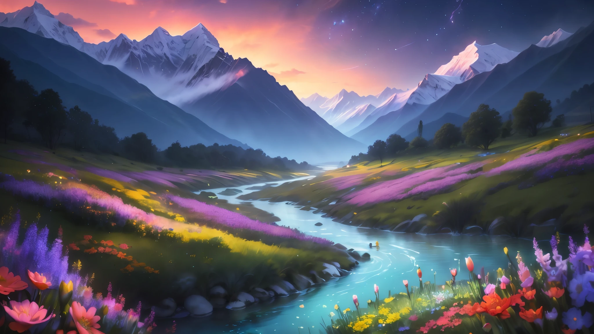 Generate a sketch art of the Valley of Flowers in the Himalayas during the spring bloom. Use a hovering camera angle to capture the sea of vibrant flowers. Showcase intricate details of diverse flora and include a magical touch by incorporating glowing fireflies dancing around the blossoms for a cinematic ambiance. add glowing river, ((glowing water))