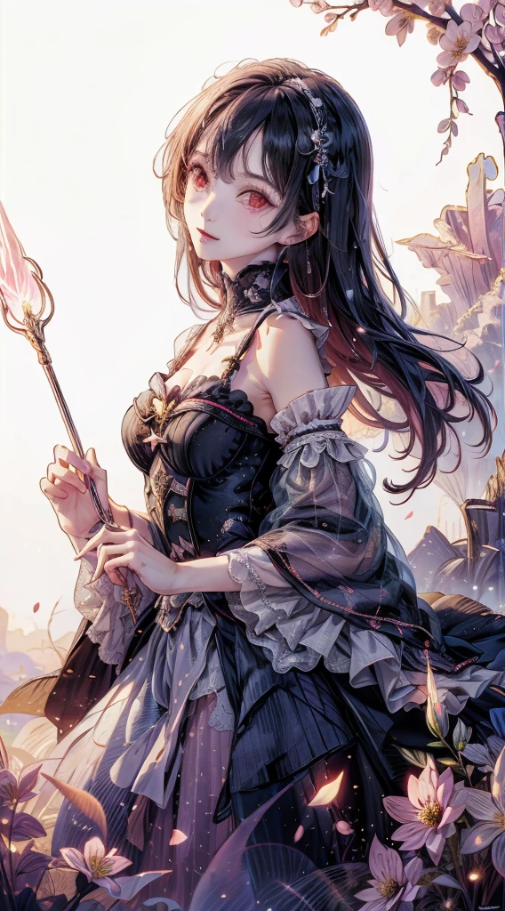 masterpiece, highest quality,1 girl, witch, ((witch hat)), Magical girl,black clothes, long pink hair, glowing red eyes, white skin, Slender, magic wand, smile, High Fantasy,dreamy digital painting, magical colors and atmosphere,soft light, fantasy art,small breasts,((sideways glance)),,short,wonderful spring flower mood