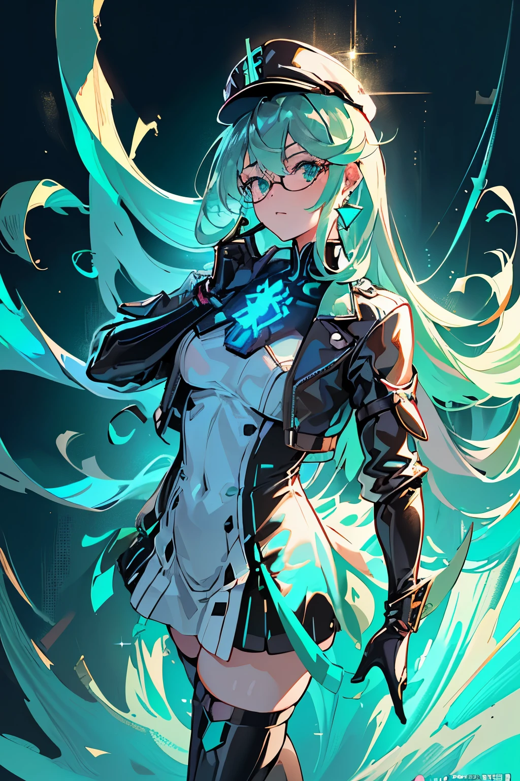 animé, fille, (((1fille))), (((waifu, Chroniques de Xenoblade 2, Pneuma waifu))), (((Cheveux Verts Écume De Mer, cheveux longs))), ((Yeux yeux verts écume de mer:1.3, les yeux levés: 1, yeux parfaits, Beaux yeux détaillés, yeux dégradés: 1, de beaux yeux finement détaillés: 1, yeux symétriques: 1, gros reflet sur les yeux: 1.2)), (((peau brillante: 1.5, peau claire: 1.5, peau claire, peau brillante, Very peau brillante, Corps brillant, peau pailletée en plastique, Exaggerated peau brillante, peau illuminée))), (corps détaillé, (Visage détaillé)), jeune, sac d&#39;idole, (Meilleure qualité), ((((Vêtements technologiques))), (((uniforme militaire))), (((Casquette militaire))), (((Manteau militaire))), (((Cuissardes à talons hauts))), (((lunettes pour lire))), (((des boucles d&#39;oreilles)))) haute résolution, netteté, ultra détaillé, extrêmement détaillé, oeuvre d&#39;art de très haute qualité, (Réaliste, Photoréaliste: 1.37), 8k_fond d&#39;écran, (extrêmement détaillé CG 8k), (très bon CG 8K), ((Hyper Super ultra détaillé Perfect Piece)), (((Un chef-d&#39;œuvre impeccable))), illustration, couleurs vives, (complexe), Contraste élevé, Éclairage sélectif, double exposition, HDR (Plage dynamique élevée), Post-traitement, Flou d&#39;arrière-plan