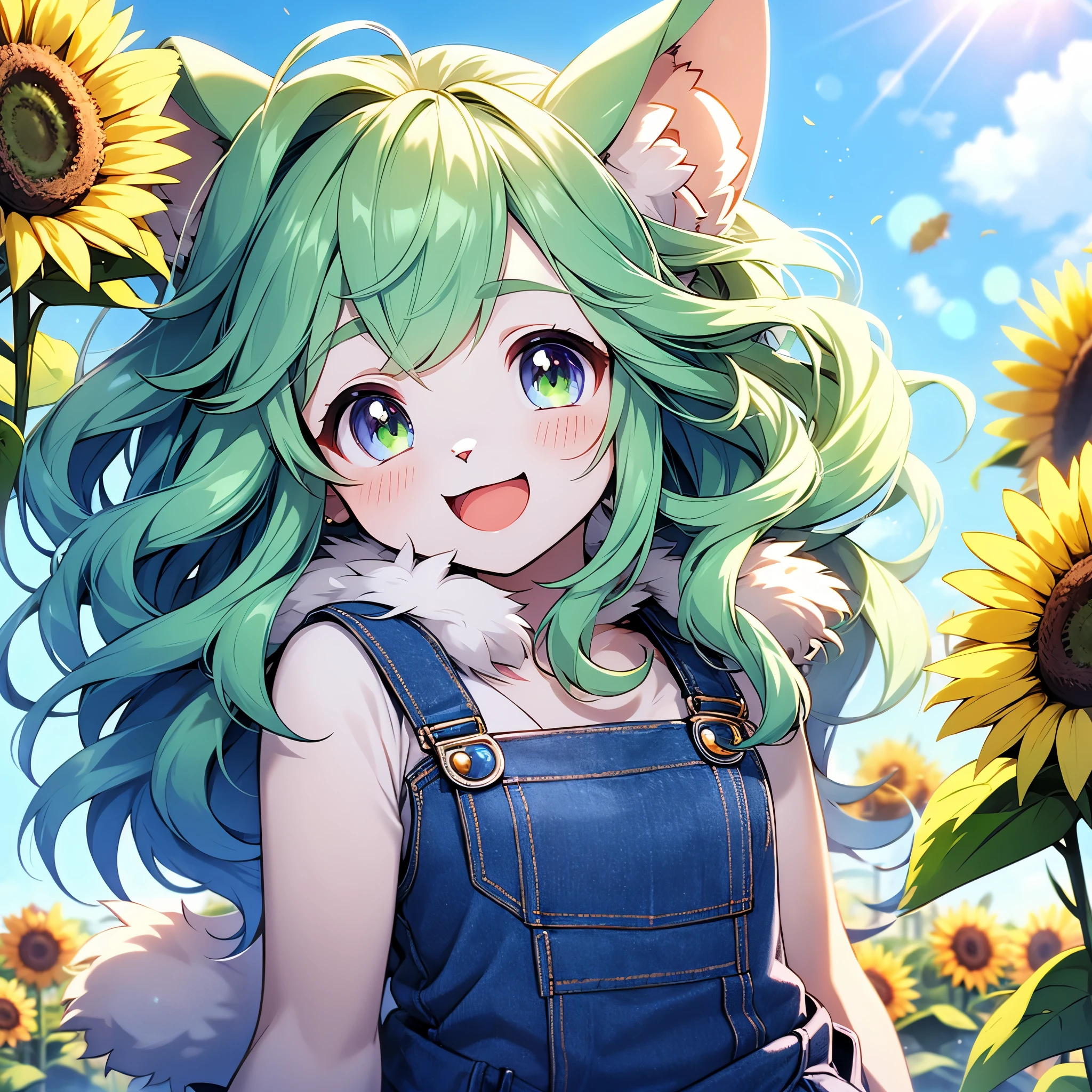 cat furry girl,neck fur,ultra detailed fur,green long hair,wavy hair,denim overalls,blush,, smile,open mouth,happy,looking at viewer,sunshine,blue sky,sunflower around girl