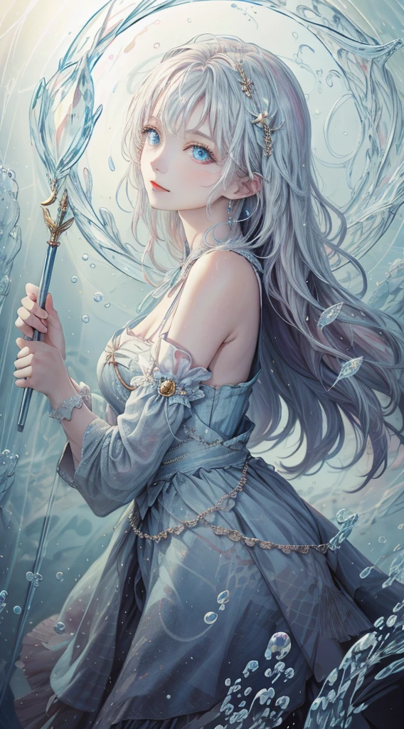 masterpiece, highest quality,1 girl, witch, ((witch hat)), Magical girl,blue clothes, blue long hair, shining blue eyes, white skin, Slender, magic wand, smile, High Fantasy,dreamy digital painting, magical colors and atmosphere,soft light, fantasy art,small breasts,((sideways glance)),,short,The feeling of gently flowing water,floating water sphere,light blue space