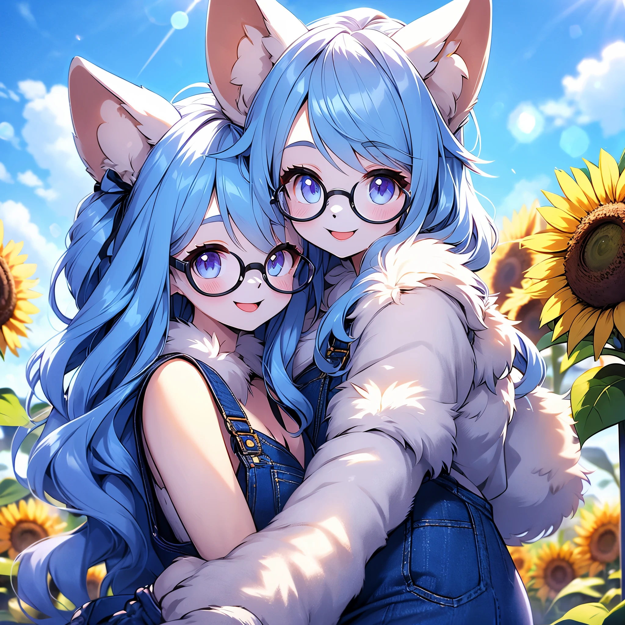 cat furry girl,neck fur,ultra detailed fur,blue long hair,wavy hair,denim overalls,blush,glasses, smile,happy,looking at viewer,sunshine,blue sky,sunflower field