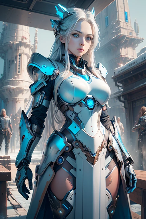 Photorealistic image ((masterpiece)), ((High quality)) UHD 8K, beautiful girl , Slim and realistic transformable robot, (medium breasts), (thin waist), (Long silver hair), (Blue eyes), ((Hyper realistic mecha armor, with red metal and intricate icy blue lights)), (in combat position, In a futuristic ship, Science fiction