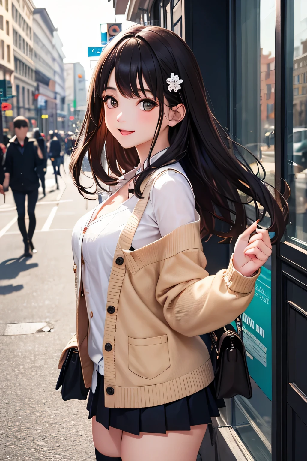 very cute and beautiful girl,Ten generations,(very detailed美しい顔),(white blouse),
(smile),blush,cowboy shot,looking at the viewer,
(beige cardigan:1.2) BREAK zettai ryouiki,Brown shoulder bag,(brown boots),
dynamic pose,hair ornaments,black hair,(black pleated mini skirt:1.2),skirt lift,white panties,
Stand in front of the cake shop window,downtown street,crowd,people々,
(highest quality,masterpiece:1.2),disorganized,High resolution,super detailed,very detailed,32K,8K resolution,
intricate details,movie-like scene,detailed background,一peopleで,dynamic angle,
Natural light,hair blowing in the wind,beautiful and detailed sky,