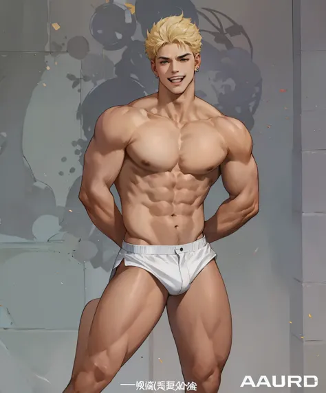 1 male, handsome face, Strong body, nar,((((裸体)))), nar, earrings, Naked upper body, black shorts, stand, short hair, blond, Shen Yu, middle parted hairstyle, smile, Grinning, open mouth, angry, crazy, frown, scream, Award-winning, masterpiece, anatomicall...