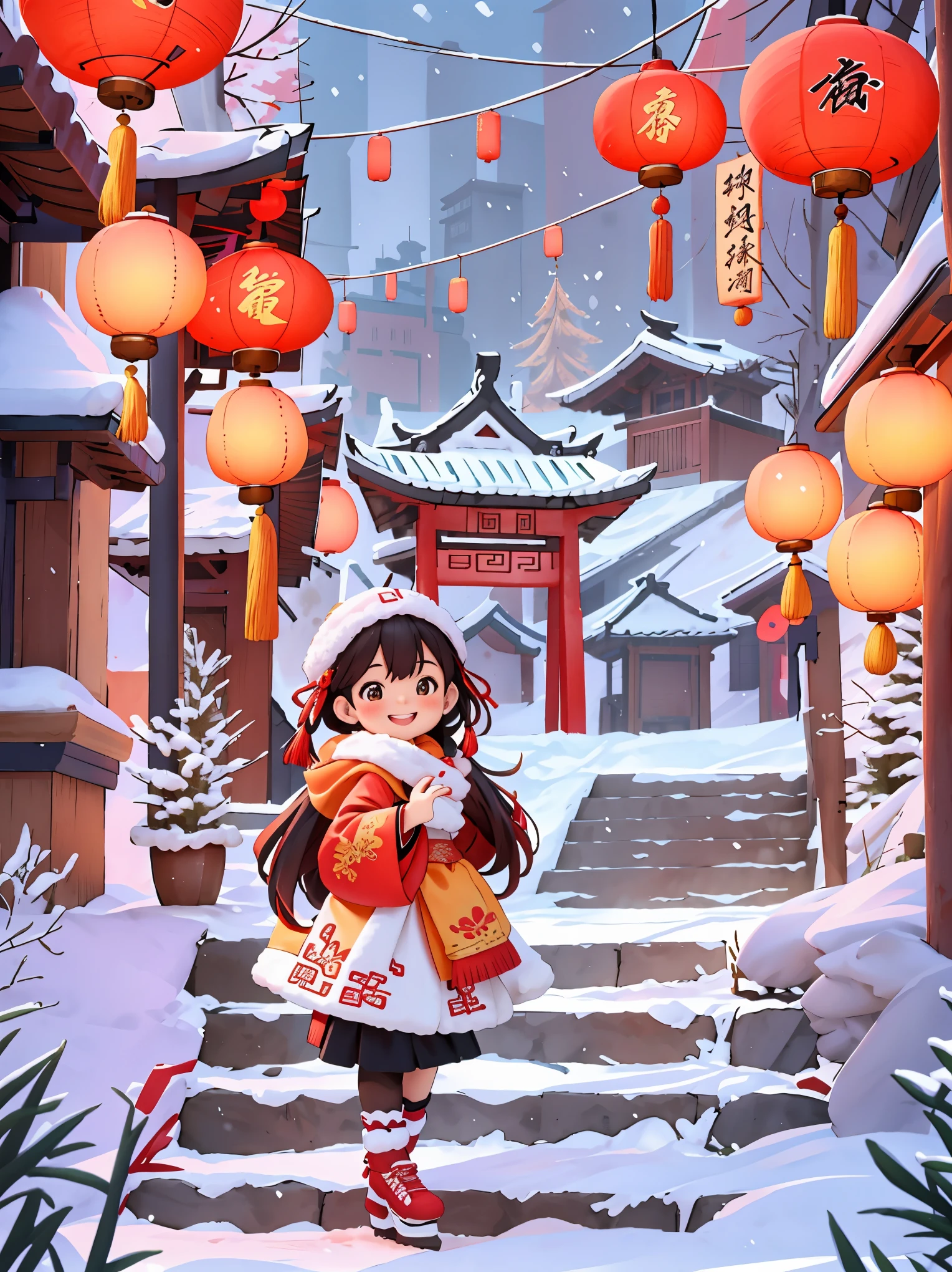 （masterpiece，quality，Best quality，official art，Beauty and aesthetics：1.2），CNY,Welcome the winter solstice，Cute girl in Hanfu，alone，Walk up the steps，Look back and smile，happy，Happy，(Chinese fabric:1.2),The content is very detailed，（fractal art：1.1），（a color：1.1），Big red lanterns hang high behind you，（ tangled:1.2), (dynamic poses)， (solid color background:1.3), (glowing skin), (Many colors:1.2), (Decorative painting：1.3)，Ink drawing and ink，(Symmetrical composition），