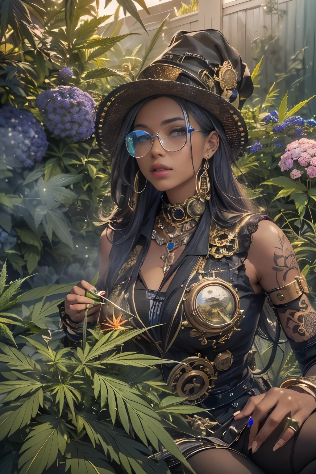 ((determined ((beautiful ((Haitian)) female steampunk wizard)) outside rolling up herbal joint while alchemy set boils bubbles and fumes, (wearing detailed flowing outfit), (cannabis flower tattoos on arms and legs), high quality photo, relaxing and smoking in the garden (with copious tall cannabis sativa plants and hydrangeas surrounding scene during foggy sunrise), masterpiece, highly detailed, perfect face