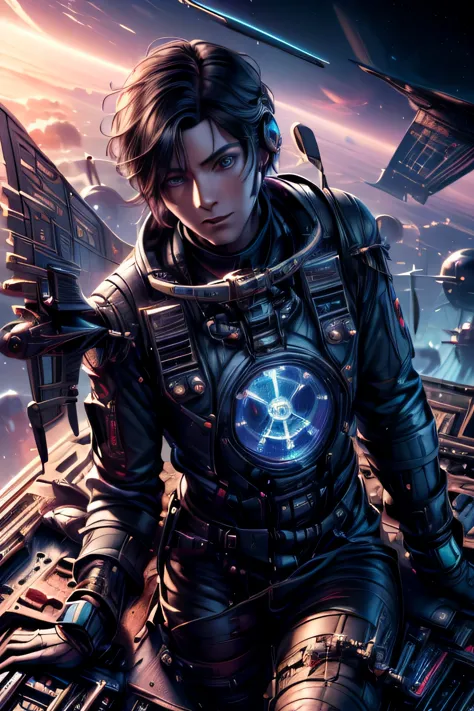 "Science fiction, （Male pilot:1.5) (short black hair:1.1) (Sitting in the cockpit of an airplane:1.5), (firm eyes:1.3) (toned bo...