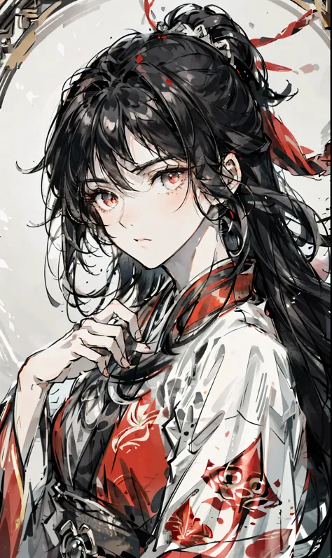 Mature girls, black hair, flowing hair, exquisite eyes, red pupils, heroine, Black and red antique brocade Hanfu, field of view,...