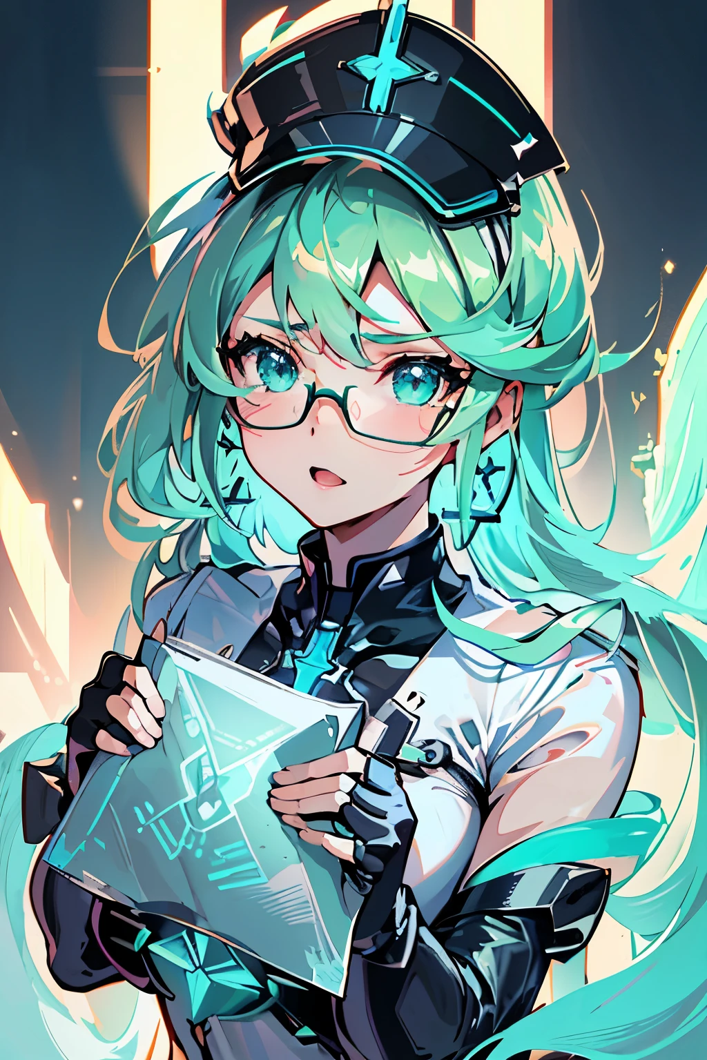 Anime, Girl, (((1girl))), (((Waifu, Xenoblade Chronicles 2, Pneuma Waifu))), (((Seafoam Green Hair, Long Hair))), ((Seafoam Green Eyes eyes:1.3, Upturned Eyes: 1, Perfect Eyes, Beautiful Detailed Eyes, Gradient eyes: 1, Finely Detailed Beautiful Eyes: 1, Symmetrical Eyes: 1, Big Highlight On Eyes: 1.2)), (((Lustrous Skin: 1.5, Bright Skin: 1.5, Skin Fair, Shiny Skin, Very Shiny Skin, Shiny Body, Plastic Glitter Skin, Exaggerated Shiny Skin, Illuminated Skin))), (Detailed Body, (Detailed Face)), Young, Idol Pose, (Best Quality), ((((Techwear))), (((Military Uniform))), (((Military Cap))), (((Military Coat))), (((Thigh-high Heeled Boots))), (((Reading Glasses))), (((Earrings)))) High Resolution, Sharp Focus, Ultra Detailed, Extremely Detailed, Extremely High Quality Artwork, (Realistic, Photorealistic: 1.37), 8k_Wallpaper, (Extremely Detailed CG 8k), (Very Fine 8K CG), ((Hyper Super Ultra Detailed Perfect Piece)), (((Flawlessmasterpiece))), Illustration, Vibrant Colors, (Intricate), High Contrast, Selective Lighting, Double Exposure, HDR (High Dynamic Range), Post-processing, Background Blur