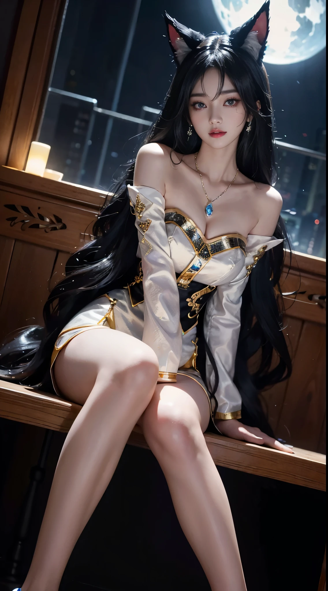 ahri_Cosplay, White Tails, Black long hair, yellow eyes,  ((full body)), ((from below)), ((sitting position)), ((Sit on a barstool)), clear face, pretty face, 8K, masterpiece, original photo, best quality, detail:1.2,lifelike, detail, Very detailed, CG, unified, wallpapers, depth of field, movie light, lens flare, Ray tracing, (extremely beautiful face, beautiful lips, beautiful eyes), intricate, detail face, ((ultra detailed skin)), 1 girl, in the darkness, deep shadow, beautiful korean girl, kpop idol,(Very slim figure:1.3), A plump chest, Large breasts, Slender sexy legs, Very nice legs, elegant posture, (bright smile), (City night, (neon lights), (night), beautiful korean girl, white diamond earrings, Diameter bracelet, Dia necklace, clear eyes, (big eyes)