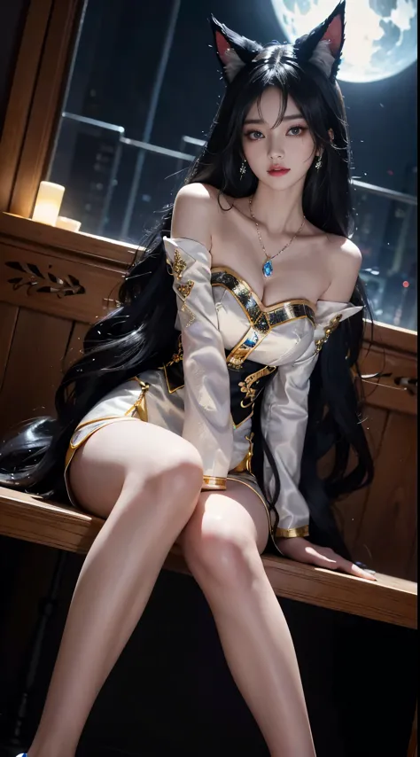 Ahri_Cosplay, White Tails, Black long hair, yellow eyes,  ((full body)), ((from below)), ((sitting position)), ((Sit on a barsto...