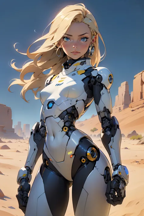 high quality, 4k, masterpiece, beautiful, cyborg girl, cowboy shot, dull eyes, looking at viewer, long blonde hair, girl, small ...