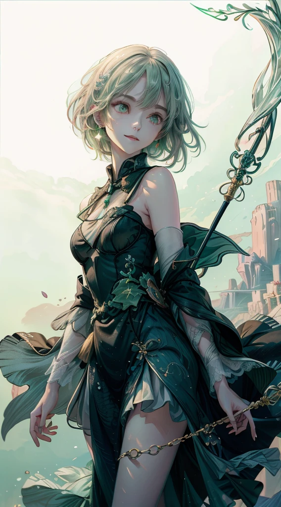 masterpiece, highest quality,1 girl, witch, (((witchの帽子))), Magical girl,green clothes, green messy hair, glowing green eyes, white skin, Slender, magic wand, Mischievous smile, High Fantasy,dreamy digital painting, magical colors and atmosphere,soft light, fantasy art,small breasts,((sideways glance)),,short,Wind Spirit,Green light