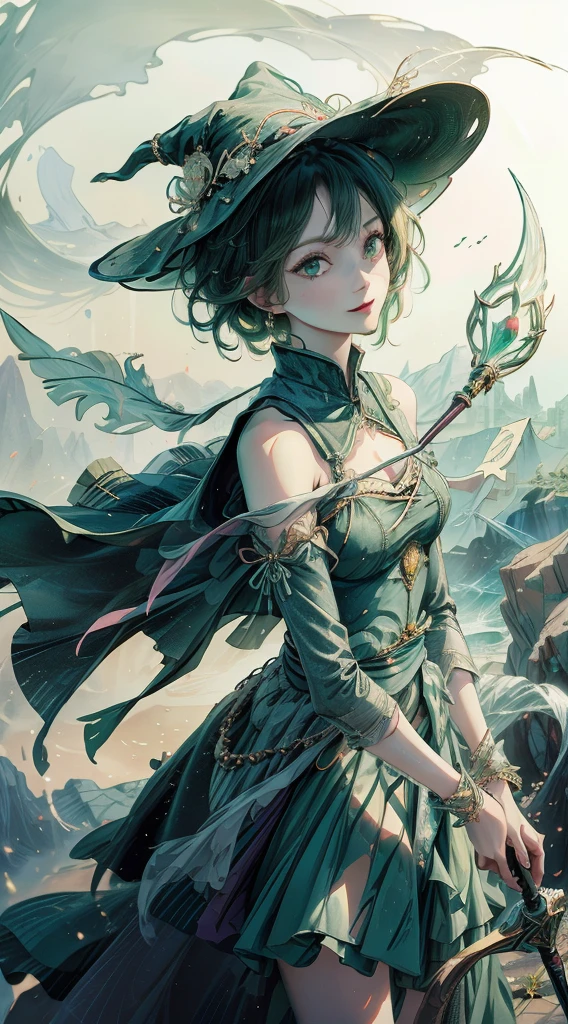masterpiece, highest quality,1 girl, witch, (((witch hat))), Magical girl,green clothes, green messy hair, glowing green eyes, white skin, Slender, magic wand, Mischievous smile, High Fantasy,dreamy digital painting, magical colors and atmosphere,soft light, fantasy art,small breasts,((sideways glance)),,short,Wind Spirit,Green light