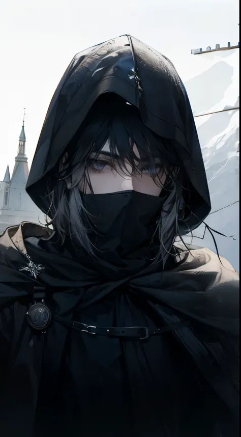 (best quality) (1 male), adult, (black hair with gray streaks), (gray eyes), hood on head, medieval theme, (dark mage), winter