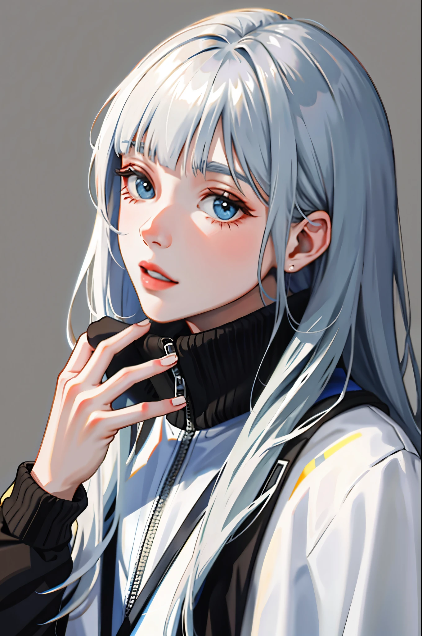 Anime girl with blue eyes and white hair holding a cell phone - SeaArt AI