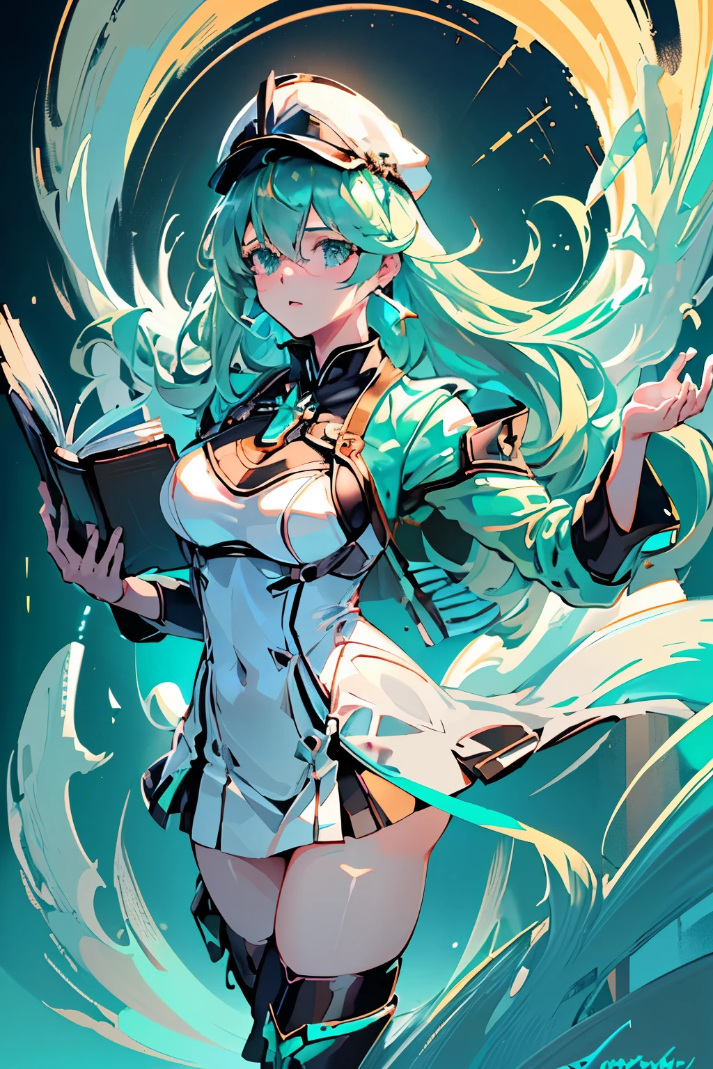 アニメ, 女の子, (((1人の女の子))), (((ワイフ, ゼノブレイド2, Pneuma ワイフ))), (((シーフォームグリーンの髪, 長い髪))), ((シーフォームグリーンアイズ:1.3, 上を向いた目: 1, パーフェクトアイズ, 美しい細部までこだわった目, グラデーションアイ: 1, 細かく描かれた美しい目: 1, 左右対称の目: 1, 目の上に大きなハイライト: 1.2)), (((光沢のある肌: 1.5, 明るい肌: 1.5, 肌が白い, 輝く肌, Very 輝く肌, 光沢のあるボディ, プラスチックグリッタースキン, Exaggerated 輝く肌, 光る肌))), (詳細なボディ, (詳細な顔)), 若い, アイドルポーズ, (最高品質), ((((テックウェア))), (((軍服))), (((軍帽))), (((ミリタリーコート))), (((太ももまでのヒールブーツ))), (((老眼鏡))), (((イヤリング)))) 高解像度, シャープなフォーカス, 超詳細, 非常に詳細な, 非常に高品質なアートワーク, (現実的, 写実的な: 1.37), 8K_壁紙, (非常に詳細な CG 8K), (非常に精細な8K CG), ((Hyper Super 超詳細 Perfect Piece)), (((完璧な傑作))), 図, 鮮やかな色彩, (複雑な), ハイコントラスト, 選択的照明, 二重曝露, 高解像度 (ハイダイナミックレンジ), 後処理, 背景ぼかし