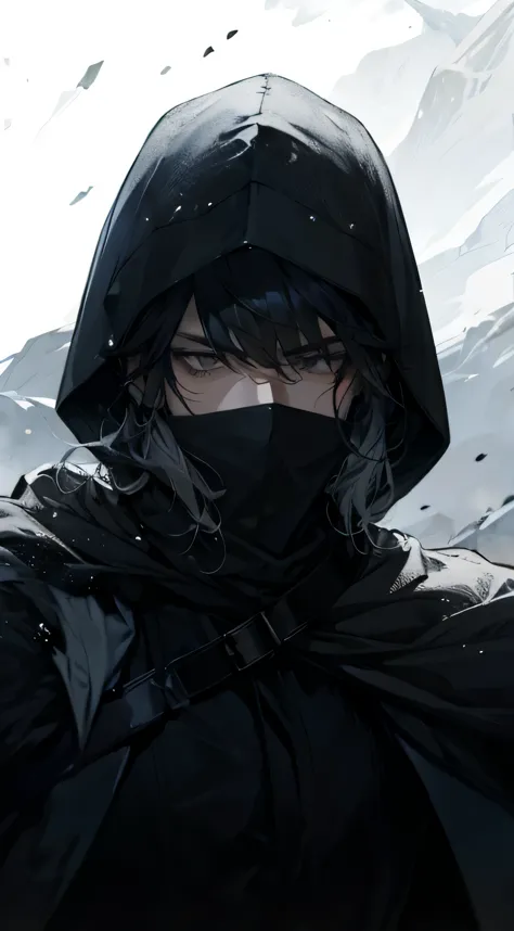 (best quality) (1 male), adult, (black hair with gray streaks), (gray eyes), hood on head, medieval theme, (dark mage), angry, winter