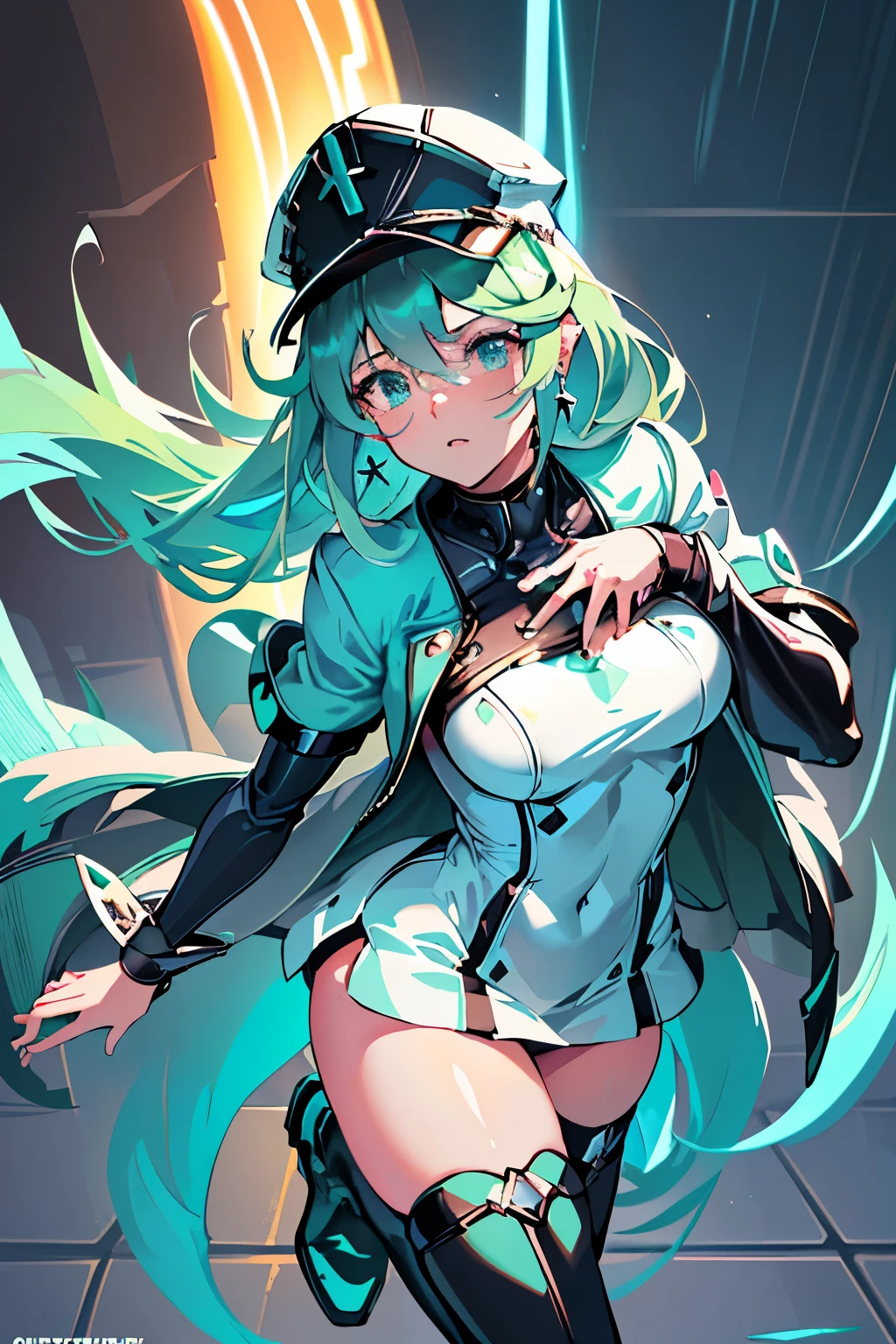 Anime, Girl, (((1girl))), (((Waifu, Xenoblade Chronicles 2, Pneuma Waifu))), (((Seafoam Green Hair, Long Hair))), ((Seafoam Green Eyes eyes:1.3, Upturned Eyes: 1, Perfect Eyes, Beautiful Detailed Eyes, Gradient eyes: 1, Finely Detailed Beautiful Eyes: 1, Symmetrical Eyes: 1, Big Highlight On Eyes: 1.2)), (((Lustrous Skin: 1.5, Bright Skin: 1.5, Skin Fair, Shiny Skin, Very Shiny Skin, Shiny Body, Plastic Glitter Skin, Exaggerated Shiny Skin, Illuminated Skin))), (Detailed Body, (Detailed Face)), Young, Idol Pose, (Best Quality), ((((Techwear))), (((Military Uniform))), (((Military Cap))), (((Military Coat))), (((Thigh-high Heeled Boots))), (((Reading Glasses))), (((Earrings)))) High Resolution, Sharp Focus, Ultra Detailed, Extremely Detailed, Extremely High Quality Artwork, (Realistic, Photorealistic: 1.37), 8k_Wallpaper, (Extremely Detailed CG 8k), (Very Fine 8K CG), ((Hyper Super Ultra Detailed Perfect Piece)), (((Flawlessmasterpiece))), Illustration, Vibrant Colors, (Intricate), High Contrast, Selective Lighting, Double Exposure, HDR (High Dynamic Range), Post-processing, Background Blur