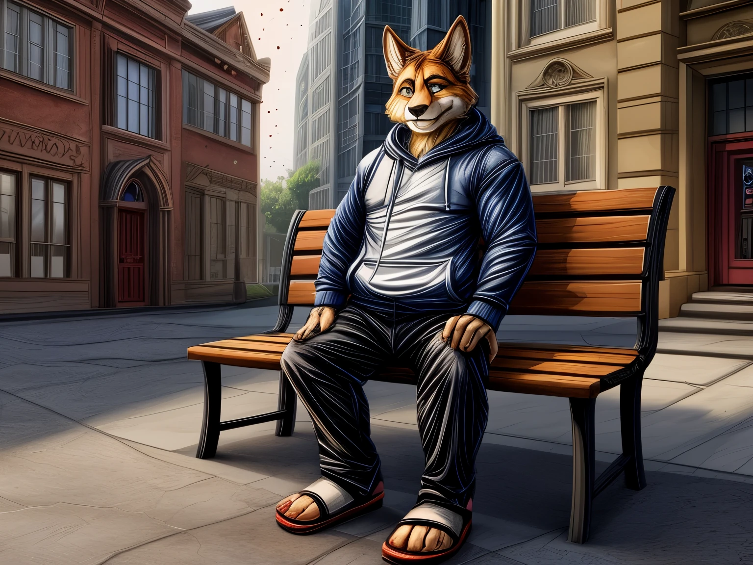 Hyperrealist art, furry portrait, vivid colours, full body picture, full figure image, masterpiece, best quality, high resolution, brawny barefoot Gideon Grey (Zootopia, cute, beefy, chubby, male fox, redish fur, longer fur on cheeks, side part hair style, shorter snout) in casual teens clothes (hoodie, long pants), wearing sandals, sitting on park bench, detailed nice feet with short claws, watching video on smartphone, red glow in his eyes, smiling, Earplug Headphones. detailed background, anatomically correct, 8k, (wide dynamic range, dynamic angles and pose:1.2), sharp, focused, (DOA):1.23, (Particle),（author：by Jackaloo）