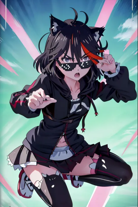 ryuuko matoi and NyannersBase, cat ears, hoodie, long sleeves, camisole, cat print, white skirt, cat ear legwear, asymmetrical legwear with a mic in hand acting as a rappers crew  incrsdealwithit
sunglasses 