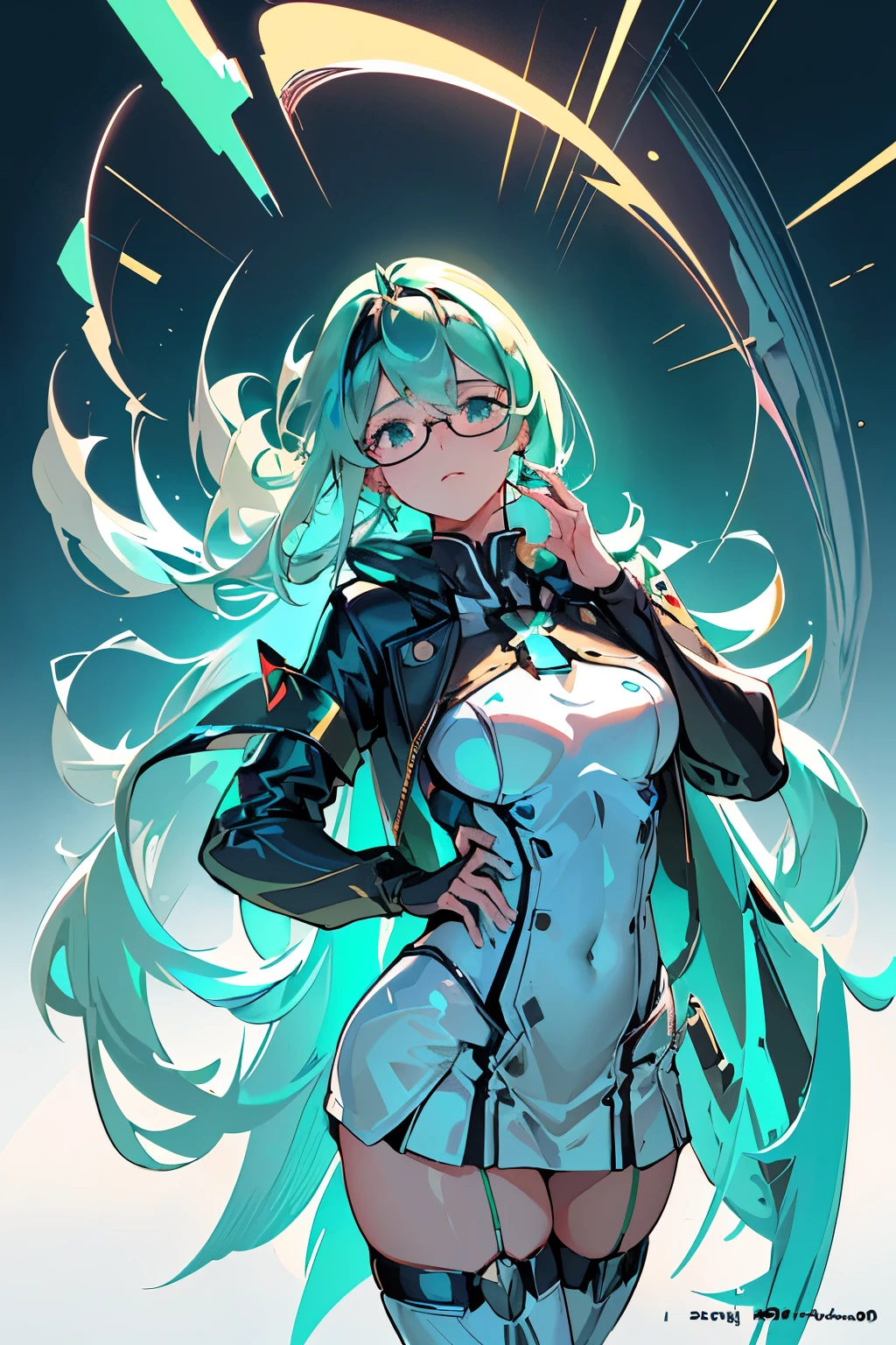 Anime, Girl, (((1girl))), (((Waifu, Xenoblade Chronicles 2, Pneuma Waifu))), (((Seafoam Green Hair, Long Hair))), ((Seafoam Green Eyes eyes:1.3, Upturned Eyes: 1, Perfect Eyes, Beautiful Detailed Eyes, Gradient eyes: 1, Finely Detailed Beautiful Eyes: 1, Symmetrical Eyes: 1, Big Highlight On Eyes: 1.2)), (((Lustrous Skin: 1.5, Bright Skin: 1.5, Skin Fair, Shiny Skin, Very Shiny Skin, Shiny Body, Plastic Glitter Skin, Exaggerated Shiny Skin, Illuminated Skin))), (Detailed Body, (Detailed Face)), Young, Idol Pose, (Best Quality), ((((Techwear))), (((Military Uniform))), (((Military Cap))), (((Military Coat))), (((Thigh-high Heeled Boots))), (((Reading Glasses))), (((Earrings)))) High Resolution, Sharp Focus, Ultra Detailed, Extremely Detailed, Extremely High Quality Artwork, (Realistic, Photorealistic: 1.37), 8k_Wallpaper, (Extremely Detailed CG 8k), (Very Fine 8K CG), ((Hyper Super Ultra Detailed Perfect Piece)), (((Flawlessmasterpiece))), Illustration, Vibrant Colors, (Intricate), High Contrast, Selective Lighting, Double Exposure, HDR (High Dynamic Range), Post-processing, Background Blur