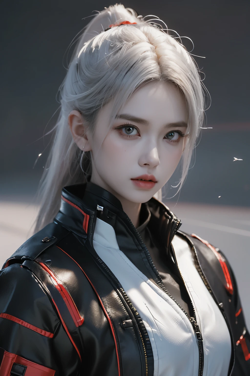 Game art，The best picture quality，Highest resolution，8K，(A bust photograph)，(Portrait)，(Head close-up:1.5)，(Rule of thirds)，Unreal Engine 5 rendering works， (The Girl of the Future)，(Female Warrior)， 22岁少女，(Female hackers)，(White and red gradient，Ancient Oriental hairstyle)，((The pupils of the red eyes:1.3))，(A beautiful eye full of detail)，(Big breasts)，(Eye shadow)，优雅迷人，冷漠，((Anger))，(Cyberpunk jacket full of futuristic look，Joint Armor，There are exquisite Chinese patterns on the clothes，A flash of jewellery)，赛博朋克人物，未来风格， 拍照姿势，城市背景，Movie lights，Ray tracing，Game CG，((3D Unreal Engine))，oc渲染反射纹