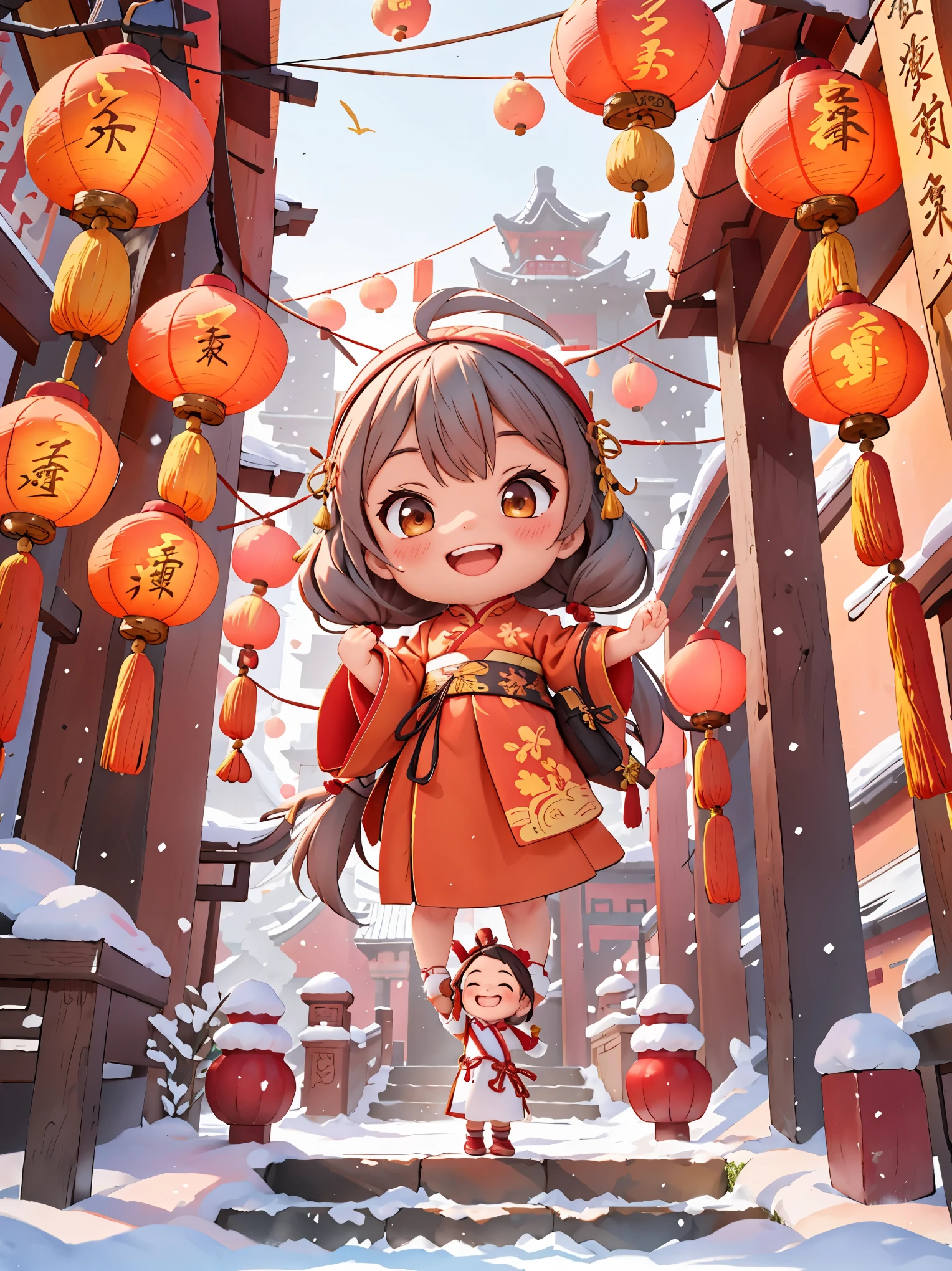 （masterpiece，quality，Best quality，official art，Beauty and aesthetics：1.2），CNY,Welcome the winter solstice，Cute Hanfu girl，alone，climb up the ladder，Look back and smile，happy，happy，(Chinese fabric:1.2),The content is very detailed，（fractal art：1.1），（a color：1.1），The big red lantern hangs high behind you，（ tangled:1.2), (dynamic poses)， (solid color background:1.3), (glowing skin), (Many colors:1.2), (Decorative painting：1.3)，(Symmetrical composition），